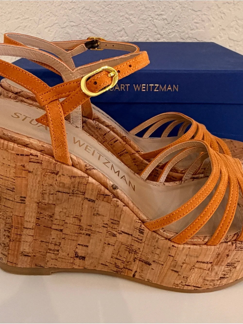 Stuart Weitzman Soiree Orange Suede Cork Wedge Sandals